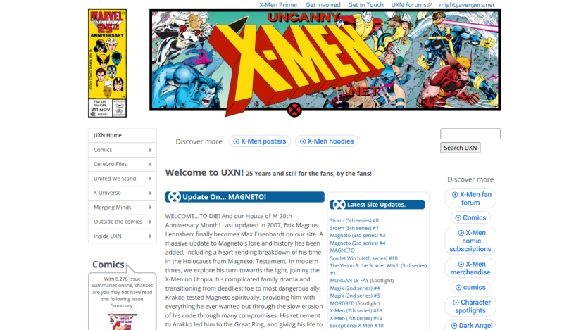 Uncanny X-Men website homepage with navigation menu, welcome message, and latest site updates on X-Men comics