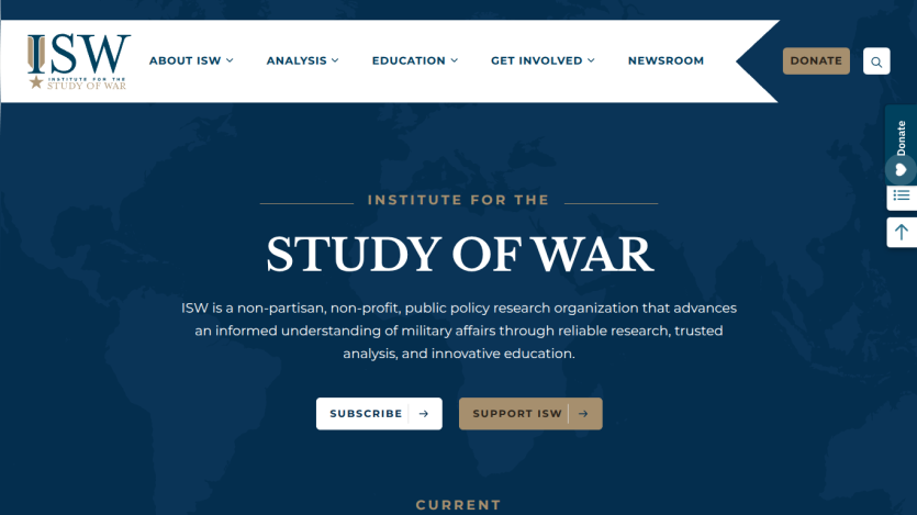 Institute for the Study of War homepage featuring mission statement and navigation links.