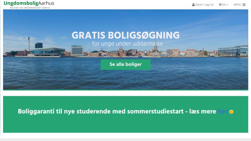 Homepage promoting free housing search for young people, with a call to action button.