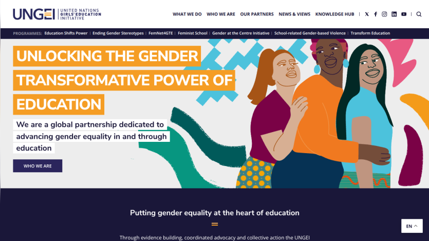 UNGEI homepage promoting gender transformative power of education with global partnership message and navigation menu