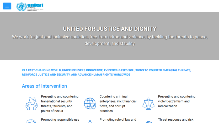 UNICRI homepage with mission statement and areas of intervention including security threats, criminal enterprises, and violent extremism