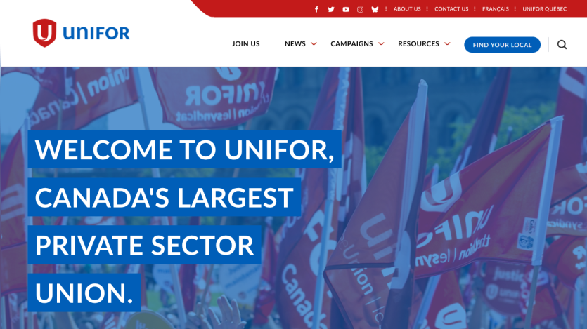 Homepage of Unifor, Canada's largest private sector union, with navigation and a call to find your local.