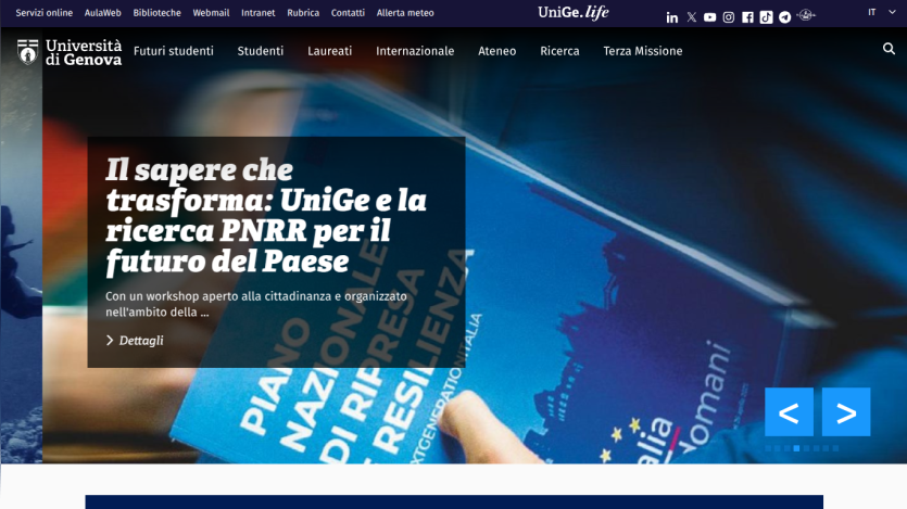 Università di Genova homepage promoting OrientaMenti 2025 event with navigation menu and university logo