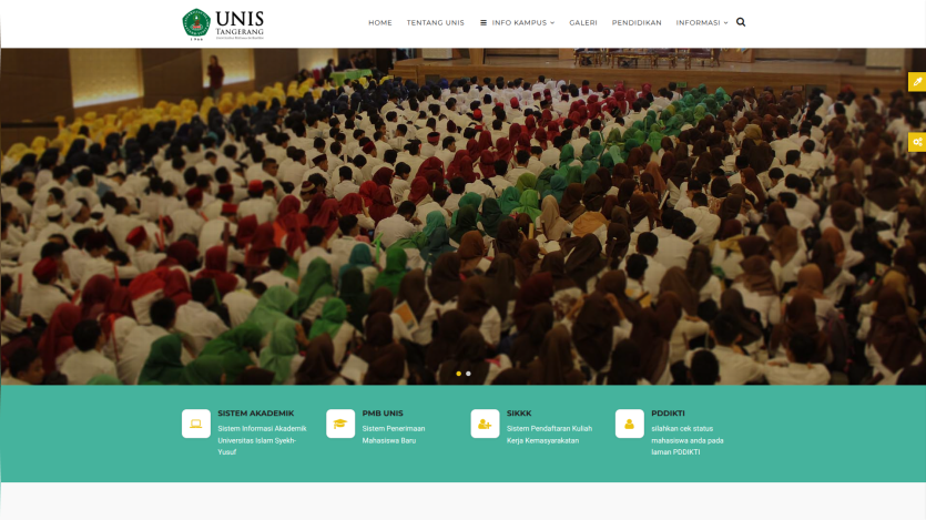 UNIS Tangerang university website header with navigation and a large auditorium filled with people attending an event