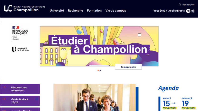 Institut National Universitaire Champollion homepage with navigation menu, hero banner 'Étudier à Champollion', and agenda section