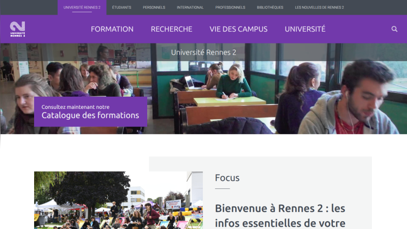 University Rennes 2 homepage featuring students and key information about programs.