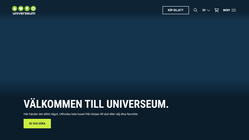 Welcome message for Universeum with invitation to explore and a call to action button