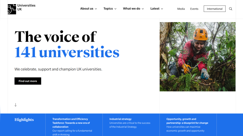 Homepage of Universities UK featuring a headline about 141 universities and a call to action.