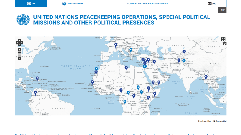 Map showing United Nations peacekeeping operations and political missions worldwide.