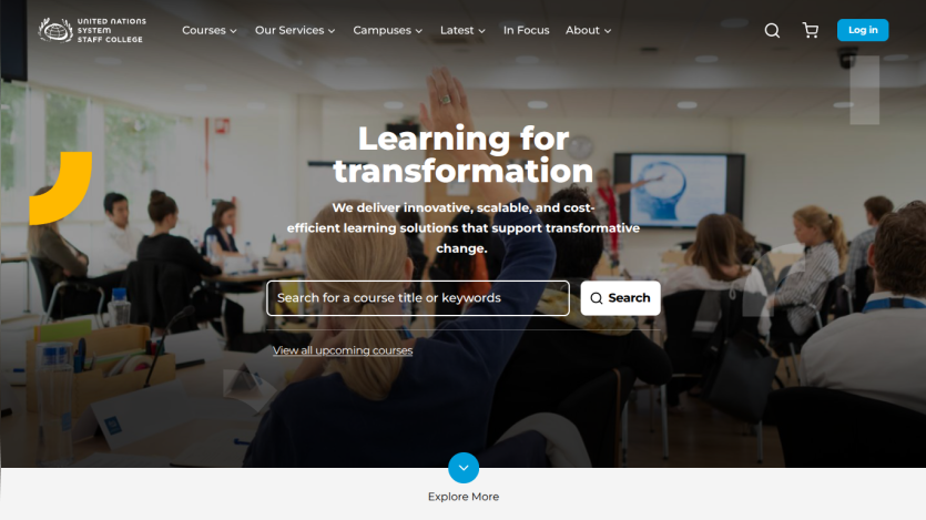 Homepage featuring a learning transformation theme with a call to action for online courses.
