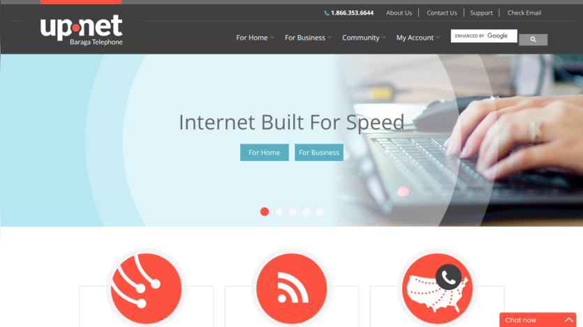 UpNet homepage with navigation bar, headline 'Internet Built For Speed', and call-to-action buttons for home and business internet plans