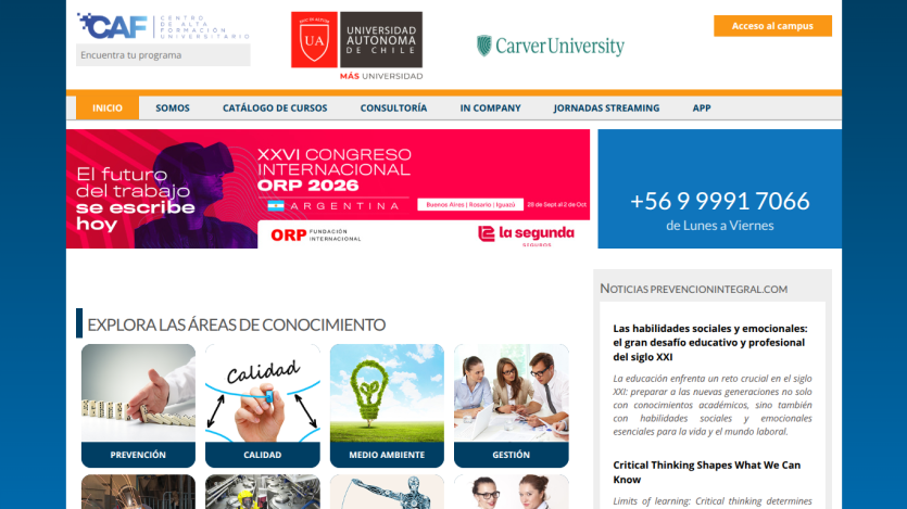 Homepage featuring educational areas, contact info, and event promotion.