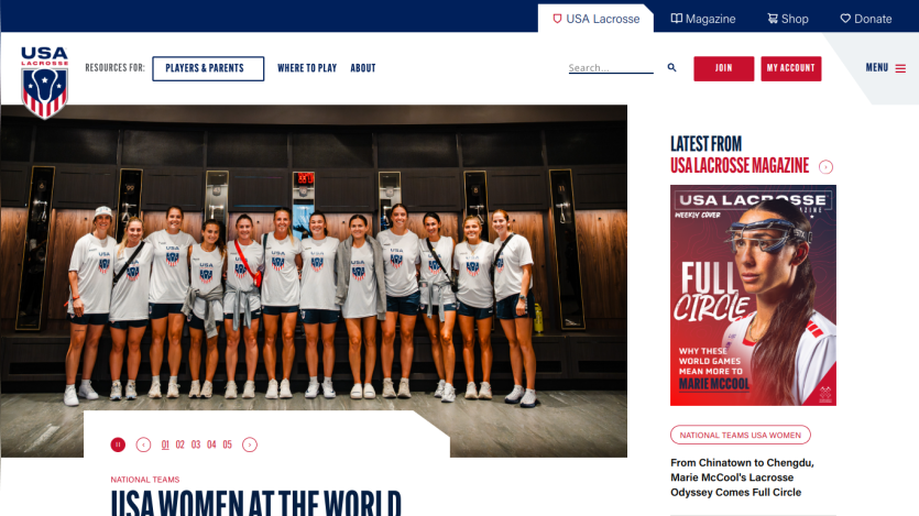 USA Lacrosse website featuring the women's team with a magazine promotion on the side.