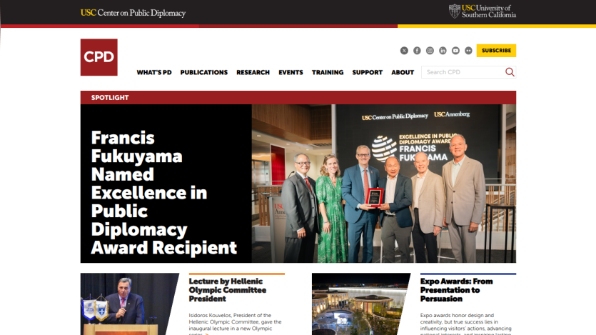 USC Center on Public Diplomacy announces Francis Fukuyama as Excellence in Public Diplomacy Award recipient with related news highlights.