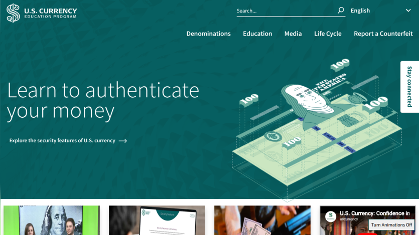 Homepage promoting currency authentication with a visual of banknotes and key features.