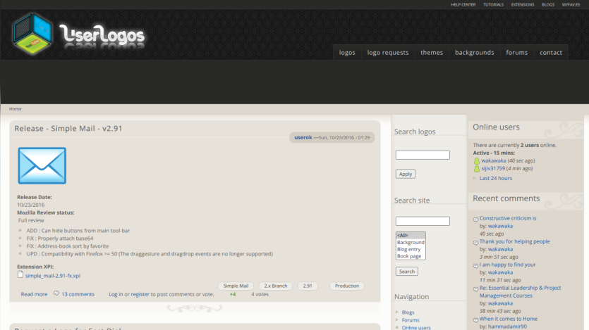 UserLogos site showing Simple Mail v2.91 release details, including features and download link