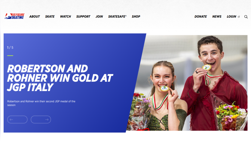 Headline about Robertson and Rohner winning gold at JGP Italy with celebratory images.