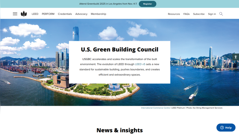 U.S. Green Building Council homepage featuring a skyline and key information about sustainability standards.