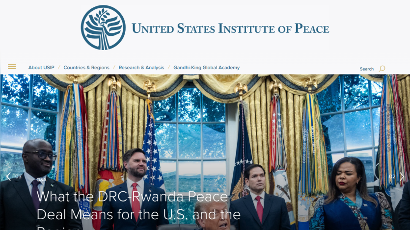 US Institute of Peace homepage featuring a headline about the DRC Peace Deal.