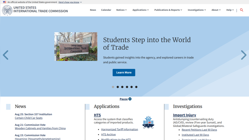 Homepage of the U.S. International Trade Commission featuring trade-related resources and a call to action.
