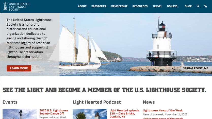 United States Lighthouse Society homepage with navigation, mission statement, sailboat and lighthouse image, and membership call to action.