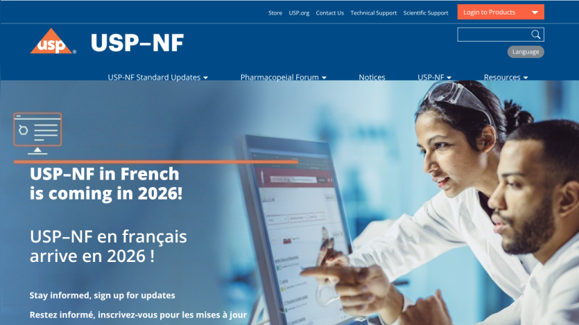 USP-NF website homepage announcing USP-NF in French coming in 2026 with a smiling woman and product image