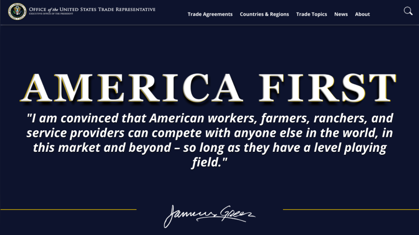 Main headline 'AMERICA FIRST' with a quote about American workers and service providers.
