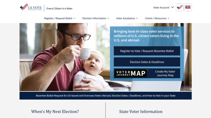 U.S. Vote Foundation homepage offering voter services, absentee ballot requests, election dates, and voter journey map creation.