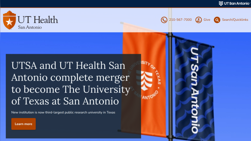 UT Health website showcasing merger announcement with UTSA, featuring banners and key text.