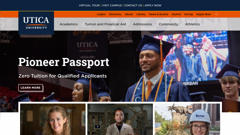 Utica University homepage featuring 'Pioneer Passport' program and graduation images.