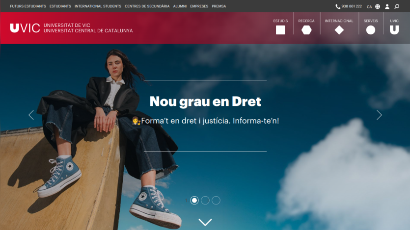 Homepage of UVIC featuring a student and text about a new law degree.