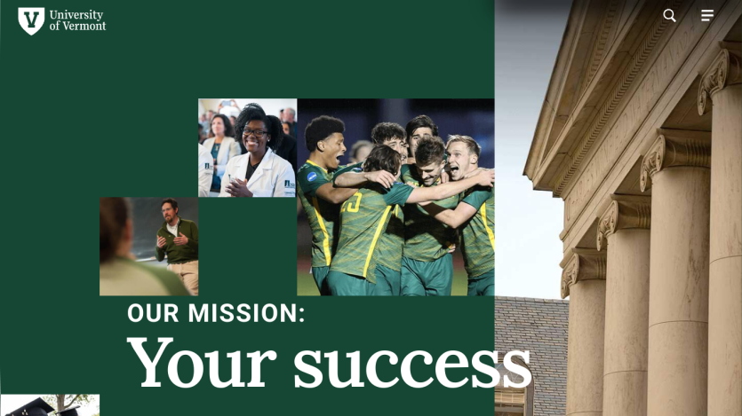 University of Vermont's mission statement emphasizing student success with engaging images.