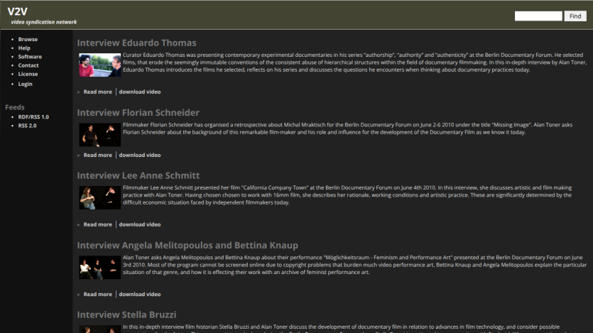 V2V video syndication network homepage featuring interviews with filmmakers and curators at the Berlin Documentary Forum