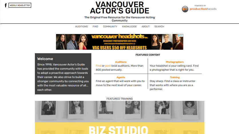 Homepage of Vancouver Actor's Guide featuring resources for the acting community.