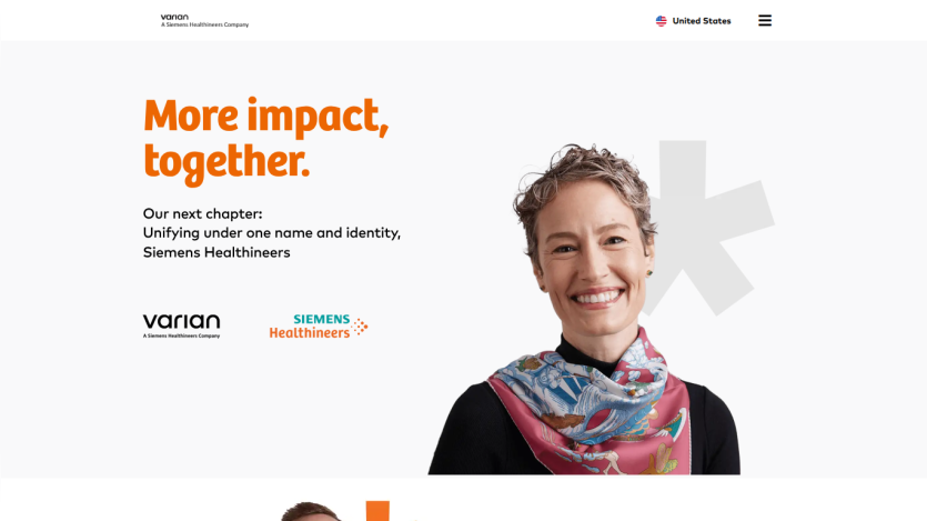 Homepage featuring a woman smiling with the text 'More impact, together.' and branding for Siemens Healthineers.