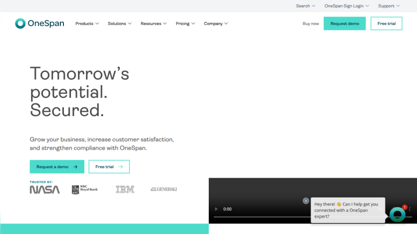 OneSpan homepage with headline 'Tomorrow's potential. Secured.', call-to-action buttons, trusted logos, and video player