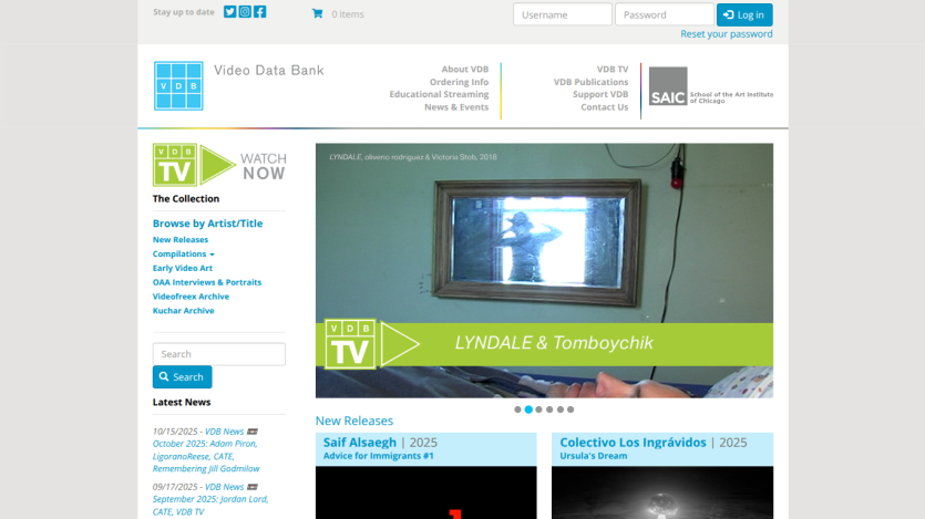 Video Data Bank homepage with navigation, video collection categories, and featured video LYNDLALE & Tomboychik