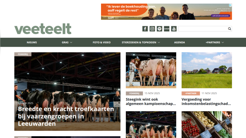 Dutch agricultural news site featuring articles on cattle breeding and income tax compensation with images of cows and farmland