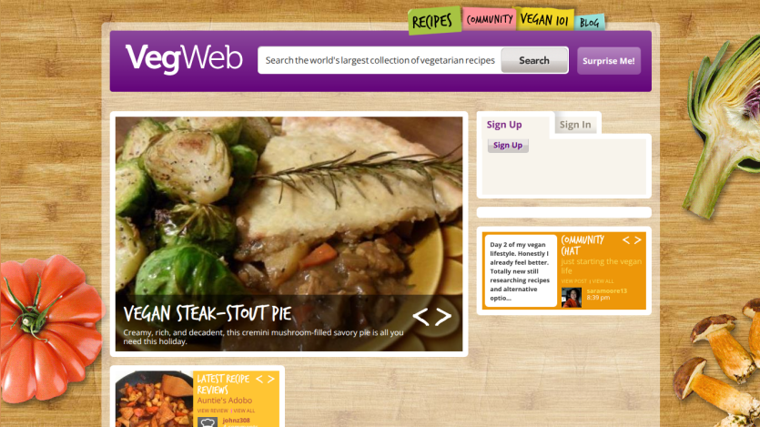 VegWeb homepage with search bar, vegan steak-stout pie recipe featured, and community chat preview
