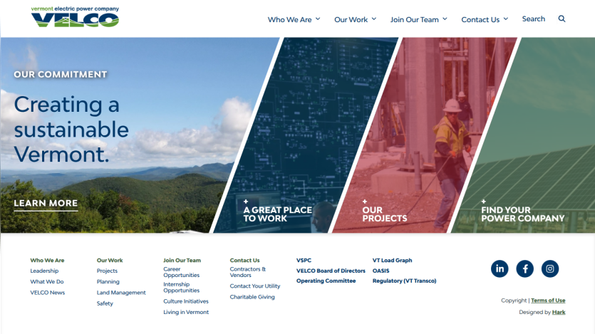 Vermont Electric Power Company homepage with commitment to sustainability and navigation links for work, team, and contact