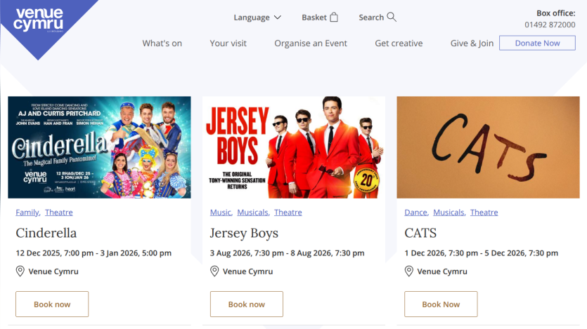 Venue Cymru website showing upcoming theatre events Cinderella, Jersey Boys, and CATS with dates and booking options