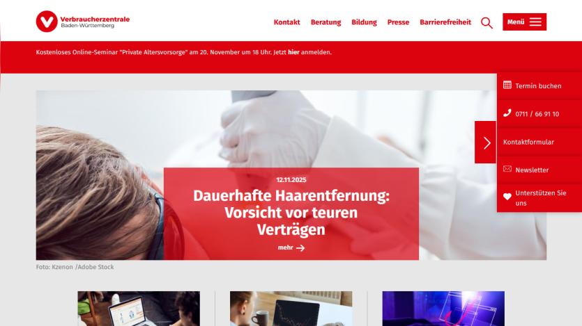 Website header with navigation and a hero article about permanent hair removal warnings dated 12.11.2025