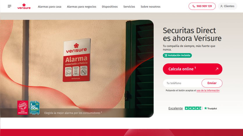 Verisure homepage featuring security service promotion and online quote button.