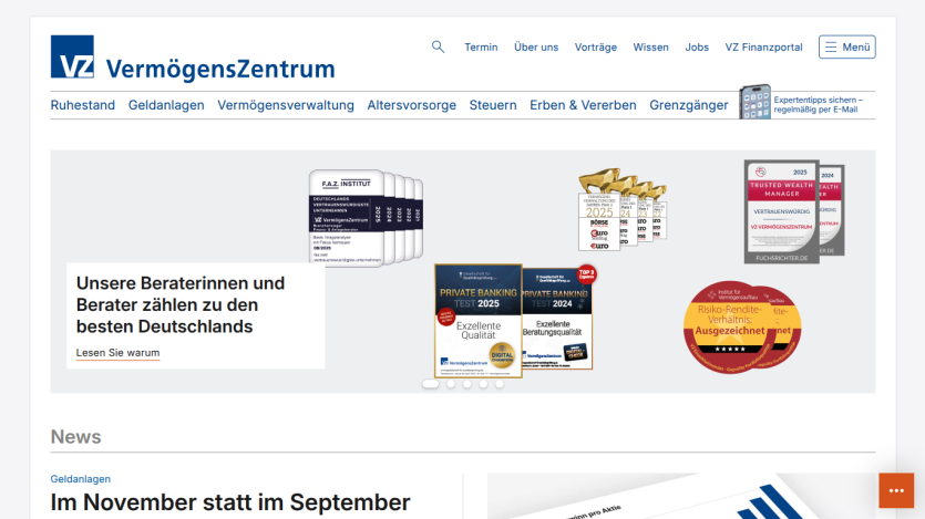 VermögensZentrum homepage with navigation links and a hero section highlighting top financial advisors in Germany