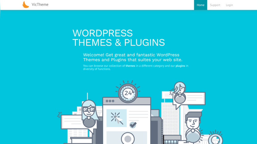 Homepage showcasing WordPress themes and plugins with a welcoming message.