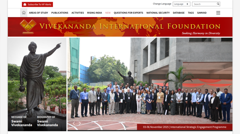 Vivekananda International Foundation homepage with navigation menu, group photo, and event date for International Strategic Engagement Programme
