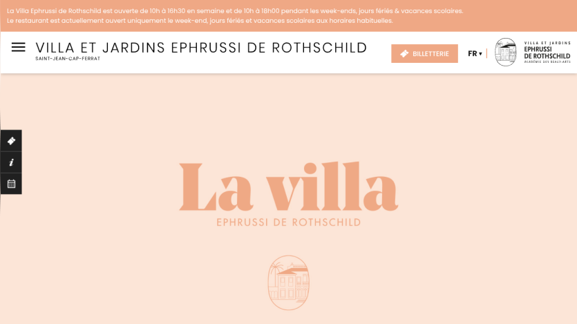 Villa et Jardins Ephrussi de Rothschild website header with navigation and hero section featuring the villa name and logo.