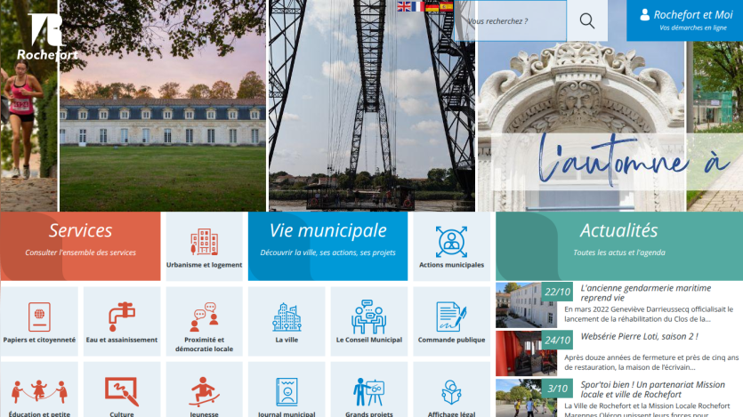 Rochefort city website with navigation for services, municipal life, and news updates in French