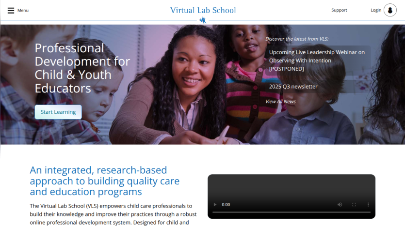 Virtual Lab School homepage offering professional development for child and youth educators with a start learning button and news updates