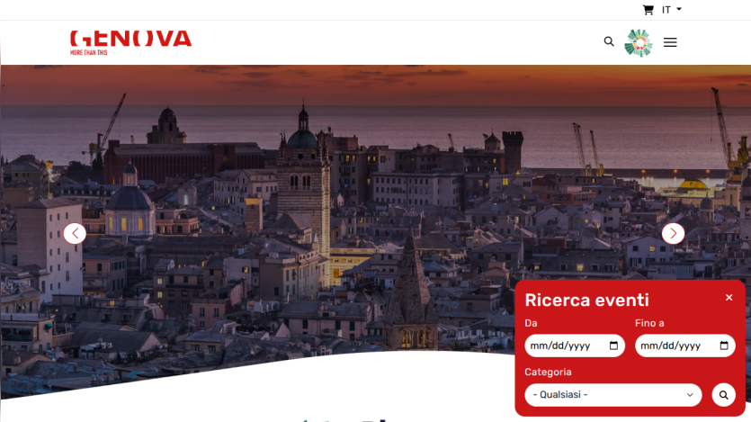 Genova cityscape at sunset with event search form and navigation menu in header